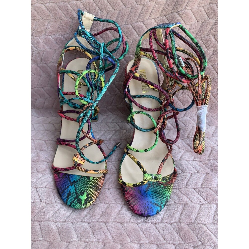 New Miss Lola Womens Strappy Shoes Lace Up High Heels Rainbow Snake Skin 7.5